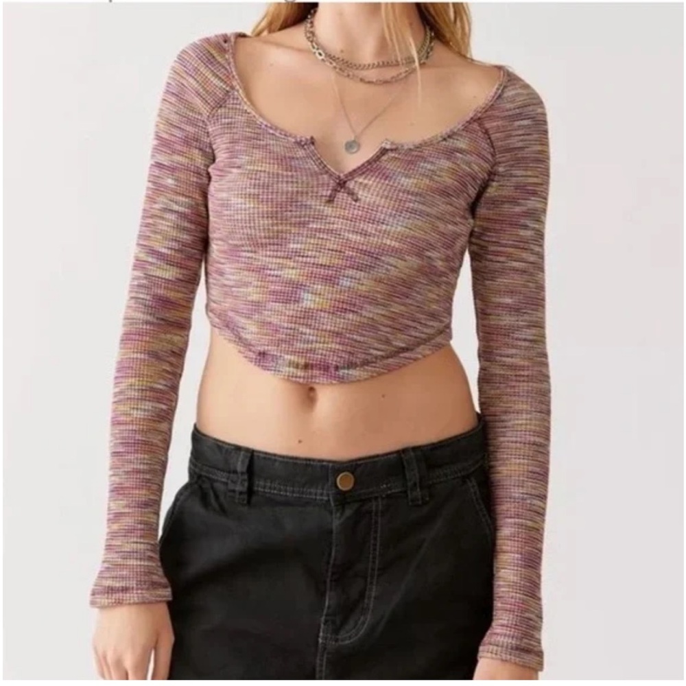 Urban Outfitters BDG Theo Notch Neck Long Sleeve Waffle Knit Top Size Small NEW